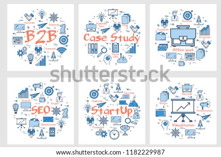 Vector six business square banners - bussiness to bussiness concept, case study, new startup and seo process. Arrangement with blue linear icons for success office work and advertising