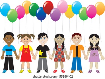 Vector of six cute happy kids with balloons. Can be used as an invitation, greeting card, thank you poster and more.