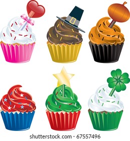 Vector of six different Holiday Cupcakes. Christmas, Halloween, Thanksgiving, Valentines Day , Independence Day and St. Patricks Day.