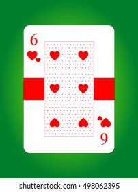 Vector of six of hearts.  Playing card. Poker card. Isolated on green background.