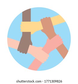 Vector de seis manos. Símbolo de amistad. Aislado sobre fondo blanco.