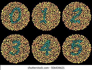 Vector of six Ishihara test plates showing numbers 0 to 5 in blue and teal-green dots on yellow-toned backgrounds, arranged on black background for diagnosing red-green color blindness.
