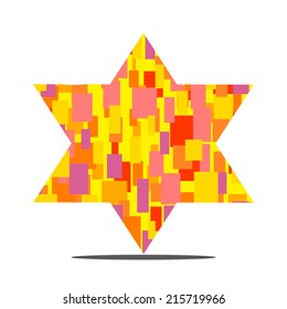 Vector six pointed star mosaic in vivid colors. The star of David design. Abstract  symbol of Israel. Isolated on white. As design element, clip art, for holidays.