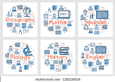 Vector six square banners of school subjects - geography, history, maths, languages and biology.  Linear icons of children, notes, globe, books, ruler and computer on white background