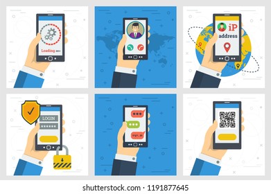 Vector six square concept with different operation of smart phone in hand. Login and password, qr code, ip address and update loading on screen in flat style on colored backgrounds