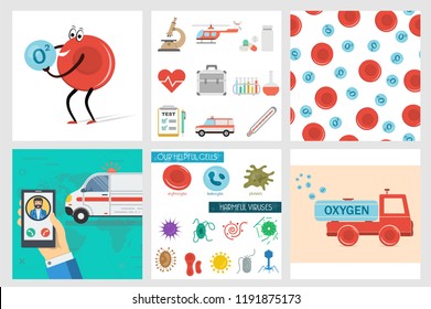 Vector six square medical banners, helpful and harmful cells, set of flat icons, cartoon truck erythrocyte carries oxygen, red blood cell, emergency call of  ambulance car and seamless pattern