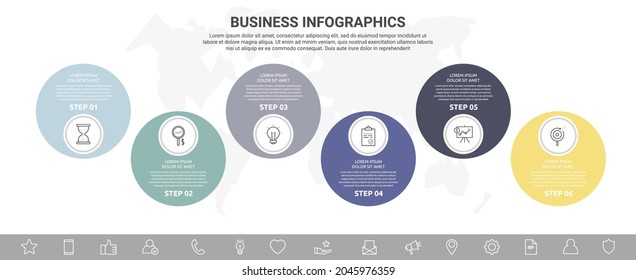 Vector six step infographics from circles with icons. Modern timeline concept for chart, levels, web, diagram, banner, presentations, business, diagram