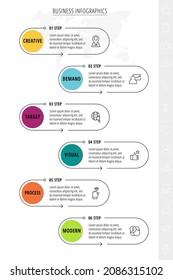 Vector six step line infographic from circles with icons. Modern timeline concept for chart, levels, web, diagram, banner, presentations, business, diagram, flowchart