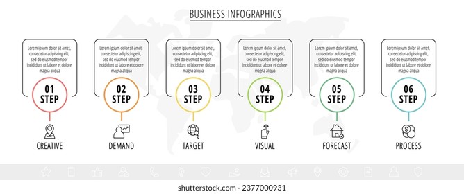 Vector six step line infographic from circles with icons and squares. Modern timeline concept for chart, levels, web, diagram, banner, presentations, business, diagram, flowchart