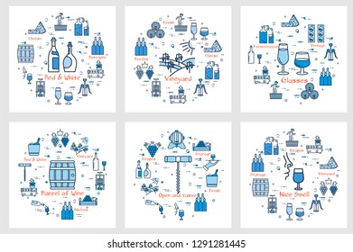Vector six web banner of wine making on white background. Wine and viticulture icon arranged in a circle