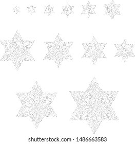 Vector six-pointed stars filled with a texture of randomly arranged gray circles
