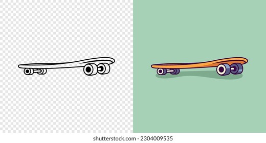 Vector Skateboard Design Template Set - Black and White, Color. Skateboardwith Outline in Side View. Cartoon Flat Style