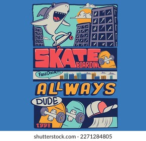 vector skateboarder cute shark illustration vector design
