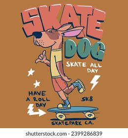 ilustración de impresión de perro de skateboarder vectorial