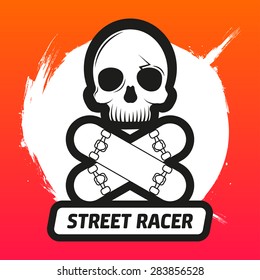Vector skateboarding emblem with skull and skateboards as bones in style of a pirate flag. EPS 10. 