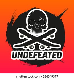 Vector skateboarding emblem with skull and skateboards as bones in style of a pirate flag. EPS 10. 