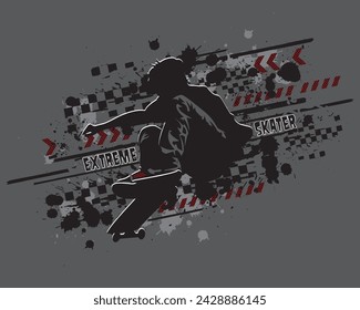 Vektor-Skateboard-Druck. Das Artwork zeigt eine schwarze Skater-Silhouette mit Spritzer und Schachbrettmuster auf grauem Hintergrund. Bekleidungsgrafik. Graffiti-Stil.
