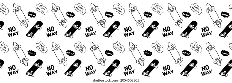 Vector Skateboarding Seamless Pattern with Board. Line Art Style Illustration of Cartoon Skate Board with Word on White Background. Skate for T-shirt and Paper Print