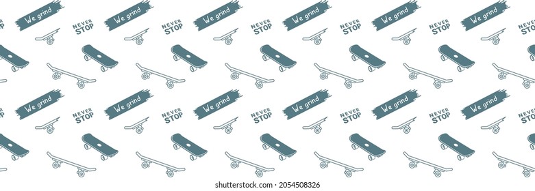Vector Skateboarding Seamless Pattern with Cartoon Skate Board. Illustration of Board with Word and Broken Skate on White Background. Line Art Style for T-shirt and Paper Print