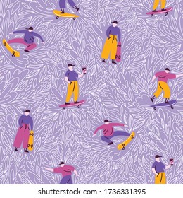 Vector skateboarding seamless pattern in flat hand-drawn style.  Young men on skate boards. Sport lifestyle concept. Repeat background.