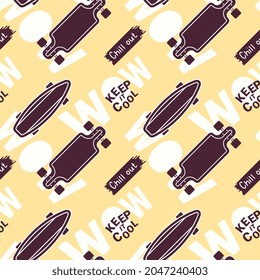 Vector Skateboarding Seamless Pattern with Skateboard. Illustration of Mono Color Skate Board and Word. Flat Style Brown Background for T-shirt and Paper Print