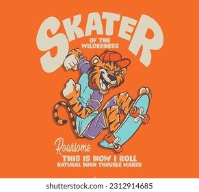 vector skating cartoon tiger illustration for t shirt print