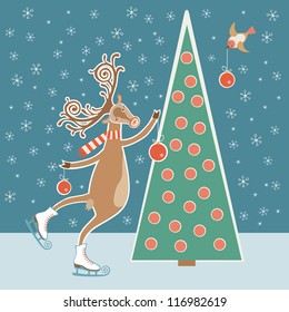 Vector skating deer, bird, christmas tree and ball. Original greeting, invitation card. Winter holiday drawing background with cartoon personages and ice rink. Concept of figure skating and vacation