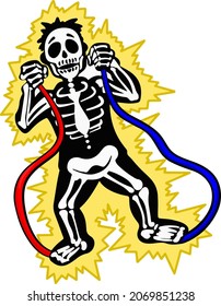 Vector skeleton is electrocuted by two wires. Isolated illustration in cartoon sticker style