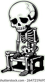 Vector skeleton featuring black skeleton sitting on a box with green outline and white background human skeleton. Scalable design suitable for various applications.
