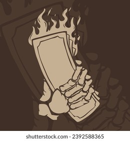 Vector Skeleton Hand Holding Bundle Of Money on Fire