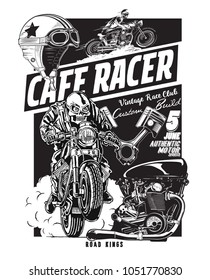 vector skeleton rider and cafe racer motorcycle and helmet and pistons  illustration t-shirt print