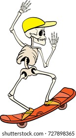 Vector skeleton riding a skateboard Haloween design element illustration. Great for spooky fun party themed gifts, giftwrap. packaging.