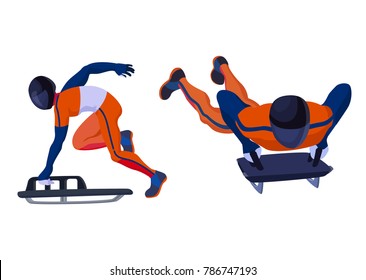 Vector Skeleton Sportsman Winter Sport Isolated On White Sledge Man In Helmet Skeleton Sport Activity Performance Sportsman With Sledge Winter Sport Skeleton Sportive Active Man Running Sliding 