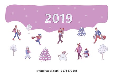 Vector sketch 2019 new year, christmas holiday sale, discount or clearance symbols and characters set. Men and women, kids running with present boxes, winter trees with snowcaps snowman and snowflakes