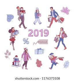 Vector sketch 2019 new year, christmas holiday sale, discount or clearance symbols, leaves and characters set. Happy cheerful men and women, kids running with present boxes, shopping bags, packages