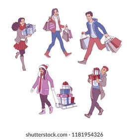 Vector sketch 2019 new year, christmas holiday sale, discount or clearance symbols and characters set. Happy cheerful men and women running with present boxes, shopping bags, packages