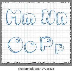 Vector sketch 3d alphabet letters on paper background - MNOP