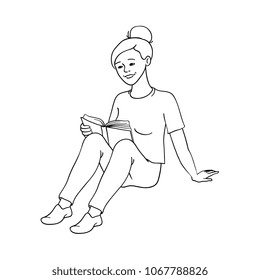 Vector sketch adult beautiful woman in casual cozy clothing sitting at floor reading book. Isolated monochrome illustration white background. Education, library related design element,