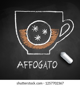 Vector sketch of Affogato coffee on chalkboard background with piece of chalk.