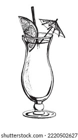 Vector sketch of Alcoholic Cocktail in a glass for bar menu. Hand drawn drawing of classic or tropical summer Beverage with lime. Illustration on white isolated background
