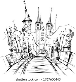 Vector sketch of Alte Mainbrucke, Old Main Bridge, with statues of saints in Wurzburg, Franconia, Northern Bavaria, Germany