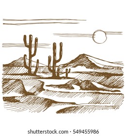 Vector sketch America. Landscape with cactus on the background of mountains.