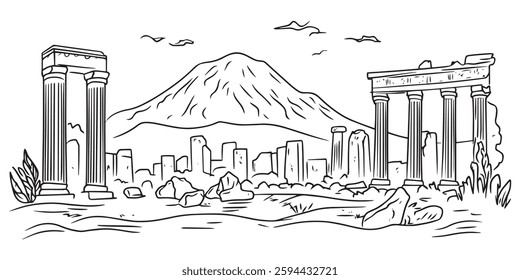 vector sketch ancient ruins with mount vesuvius in background, hand drawn illustration of pompeii landscape