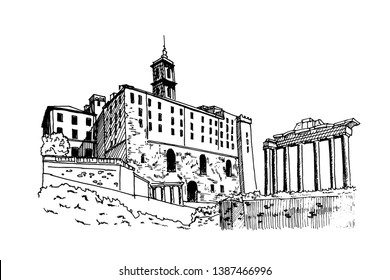 vector sketch of Ancient ruins of a Roman Forum or Foro Romano, Rome, Italy.