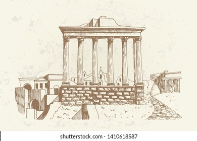 Vector Sketch Of Ancient Ruins Of A Roman Forum Or Foro Romano, Rome, Italy.