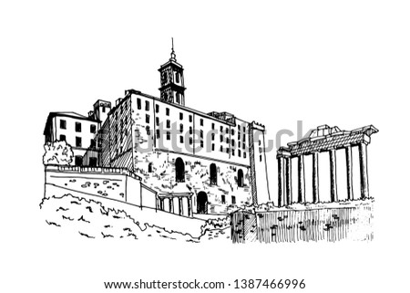 vector sketch of Ancient ruins of a Roman Forum or Foro Romano, Rome, Italy.