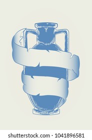 vector sketch antique ceramic vase, jug, amphora for wine, oil, liquid. sprawling ribbon of old parchment with space for inscriptions.