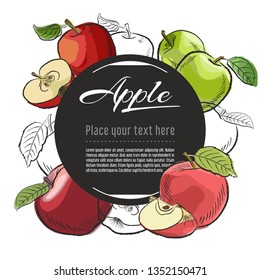 Vector sketch apple banner on white background. With place for text. Hand drawn sketch fruit graphic design