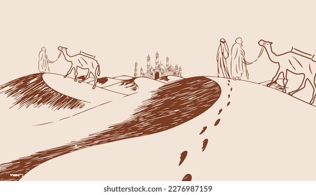 Vector sketch of the arab caravan. Camels are on the desert among the dunes. Silhouettes of animals on the horizon.