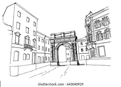 vector sketch of Arch of the Sergii (Golden gate) in Pula. Croatia